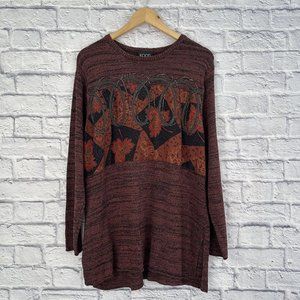 KOOS Of Course Women’s Plus 1X Silk Sweater Vintage Embroidered Tunic Brown